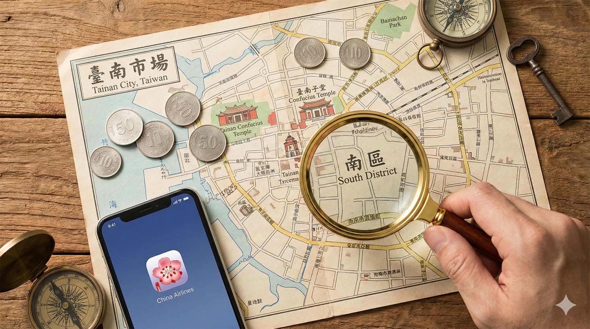 台南地圖上放置著手機與古蹟導覽圖,放大鏡檢視著華航App圖示,象徵在地資源回收與價值發現 / Map of Tainan with smartphone and historic guide, magnifying glass examining China Airlines App icon, symbolizing local resource recycling and value discovery.
