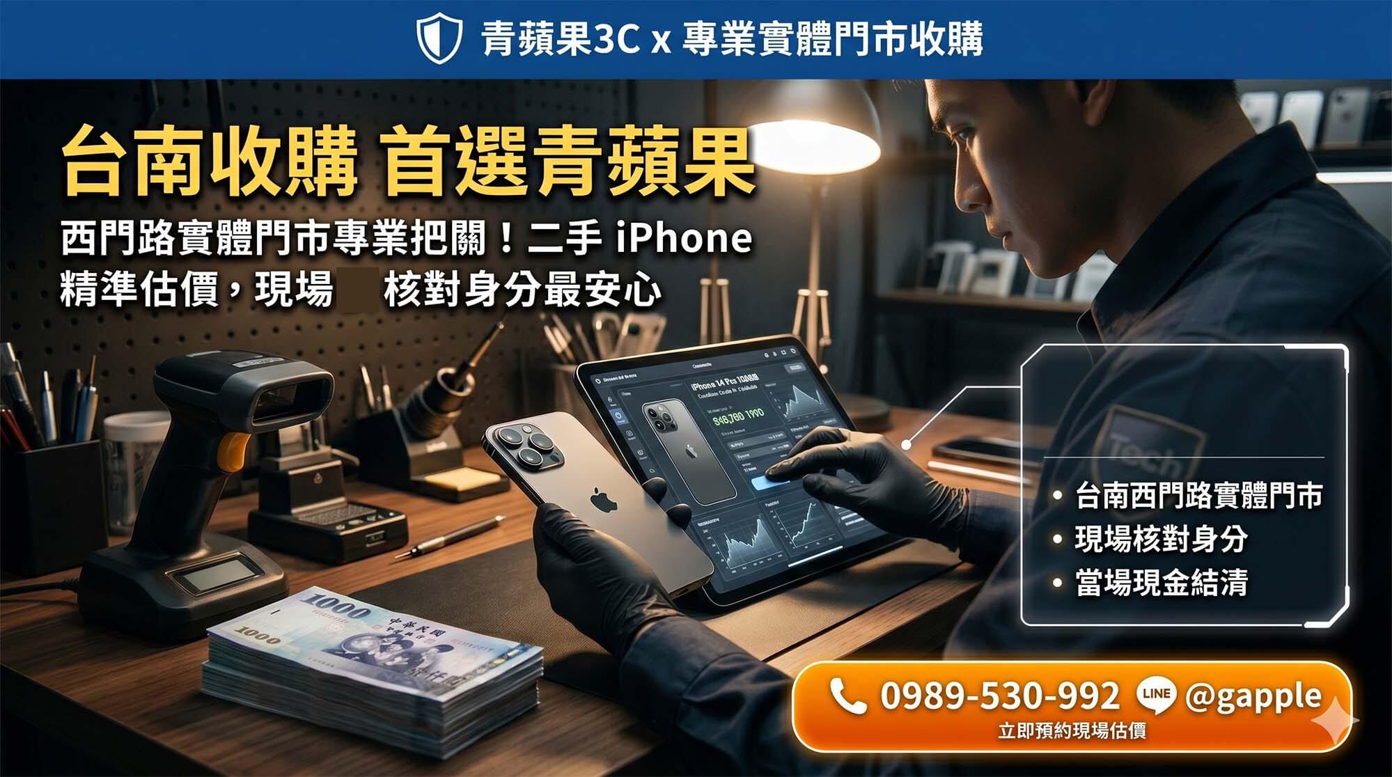 青蘋果3C 台南西門店在地專業職人於實體門市為鄉親與南科族群進行二手 iPhone 與手機極速鑑定與資安重置